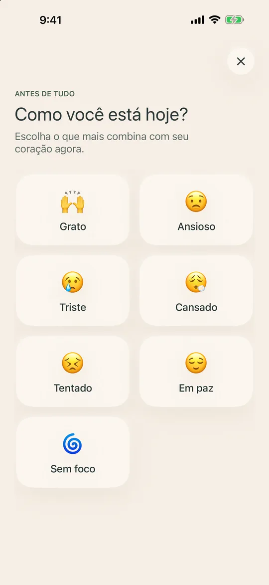 Tela que pergunta como você está hoje, com opções de humor